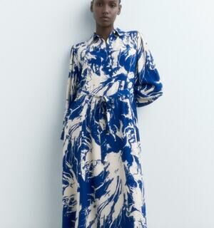 ZARA satin tropical Deep blue button-down dress size XS